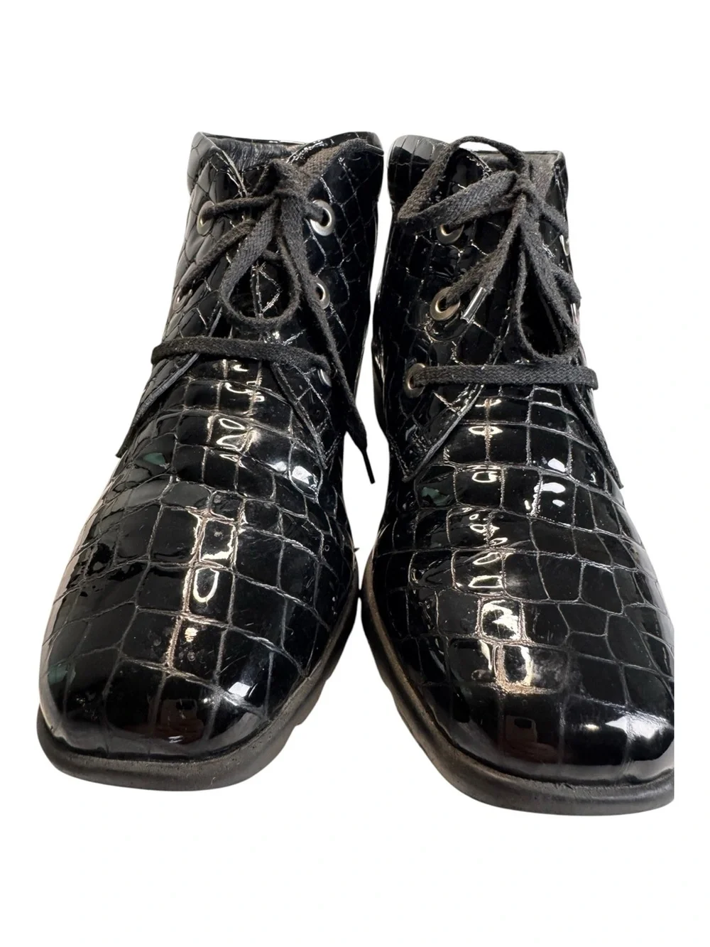 Josef Seibel Caren Croc Embossed Patent Leather Wedge Booties Black 38 7.5